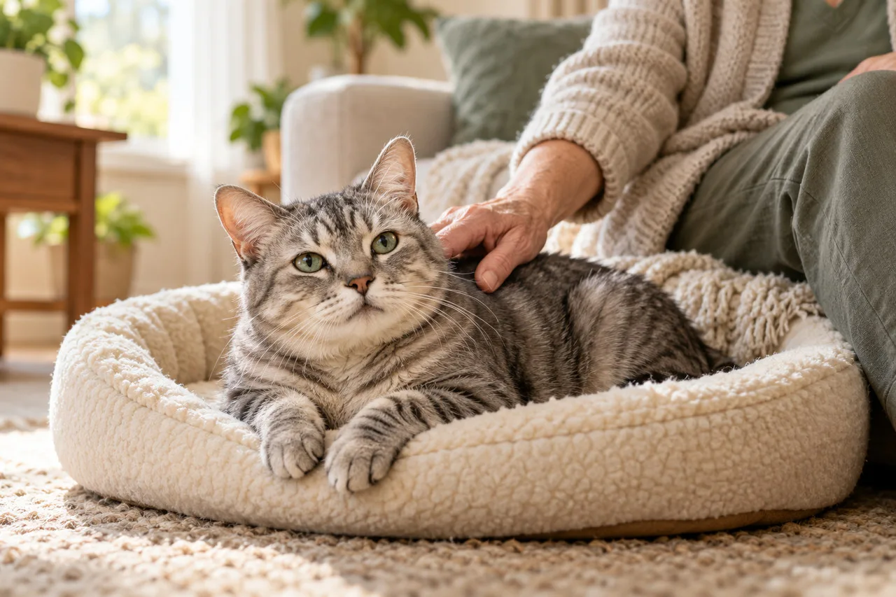 Tabby cat resting beside a person in a comfortable chair